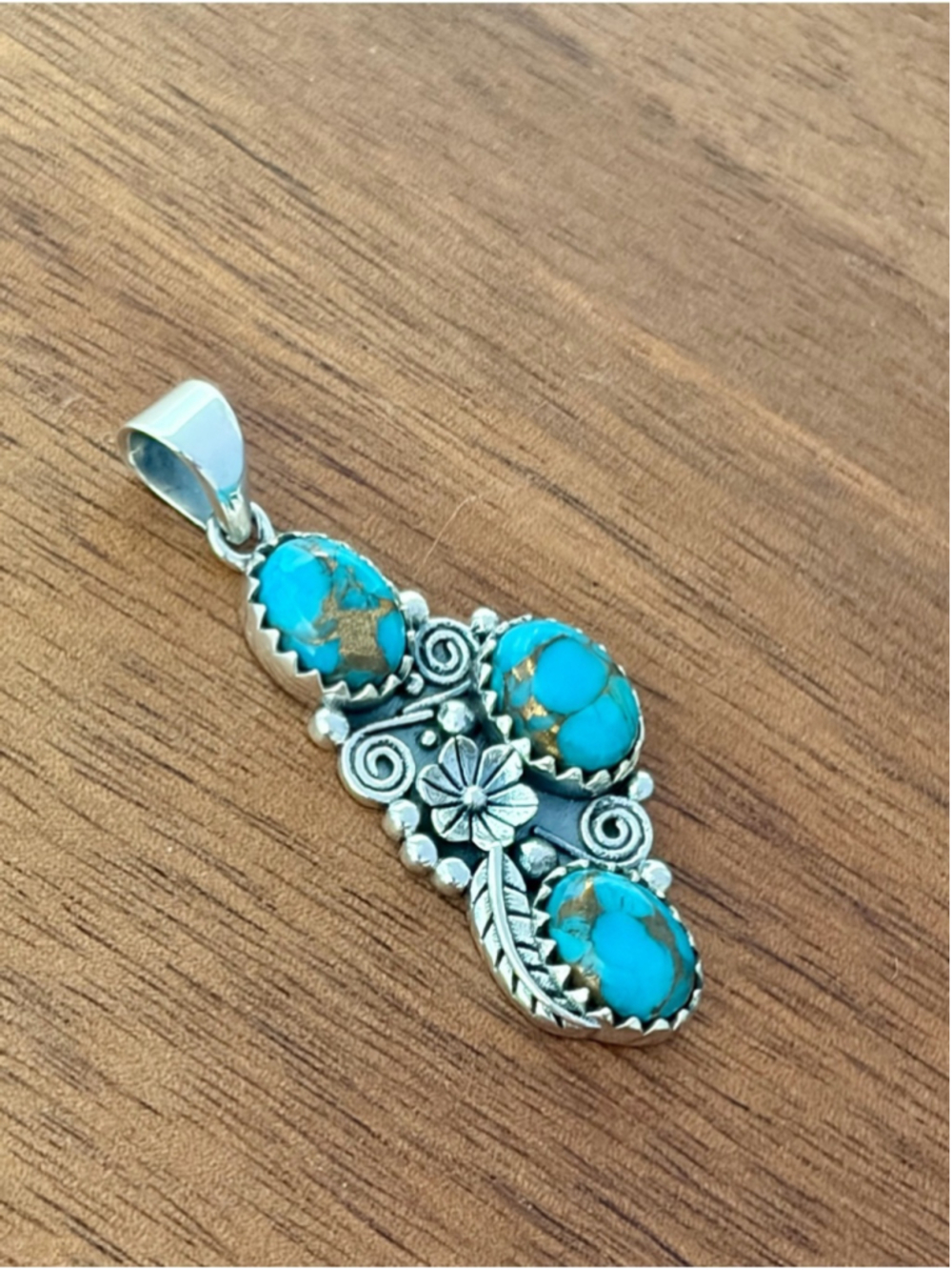 Pure Sterling Silver 925 Genuine Blue Copper Kingman Turquoise Pendant New - Picture 4 of 9